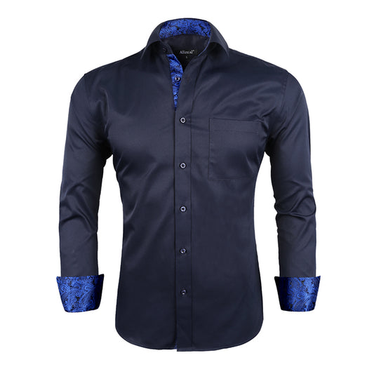 Men's Business Slim Fit Dress Shirt Long Sleeve Patchwork Button-Down Shirt, 004-Navy+Royal Blue