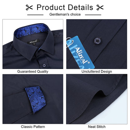 Men's Business Slim Fit Dress Shirt Long Sleeve Patchwork Button-Down Shirt, 004-Navy+Royal Blue