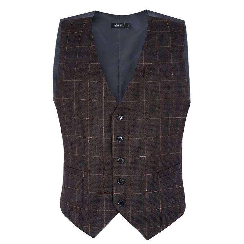 Men's Plaid Business Suit Vest V-Neck Regular Fit Checked Tuxedo Waistcoat, 190-Burnt Brown