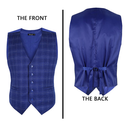 Men's Plaid Business Suit Vest V-Neck Regular Fit Checked Tuxedo Waistcoat, 190-Cobalt Blue
