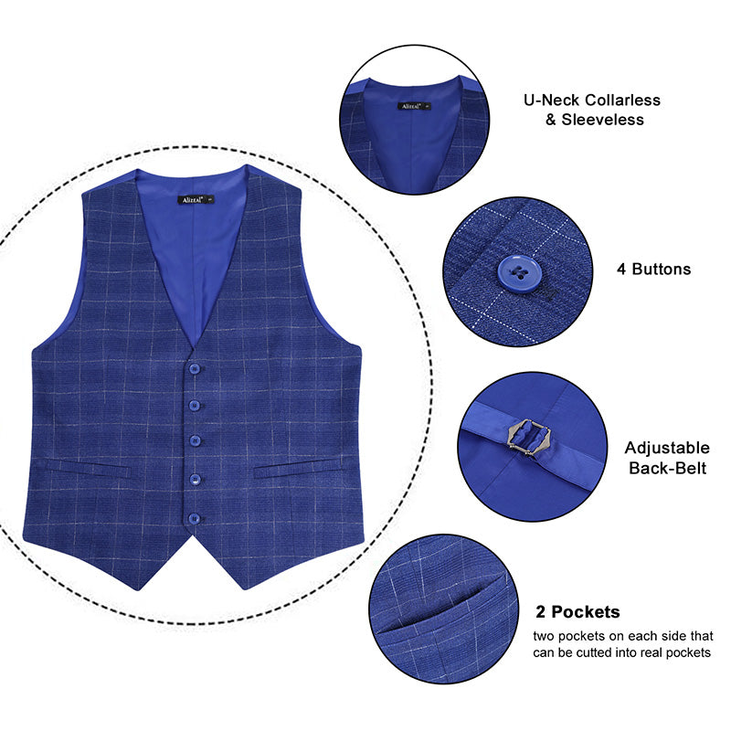 Men's Plaid Business Suit Vest V-Neck Regular Fit Checked Tuxedo Waistcoat, 190-Cobalt Blue