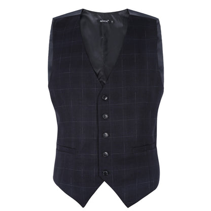 Men's Plaid Business Suit Vest V-Neck Regular Fit Checked Tuxedo Waistcoat, 190-Cool Black
