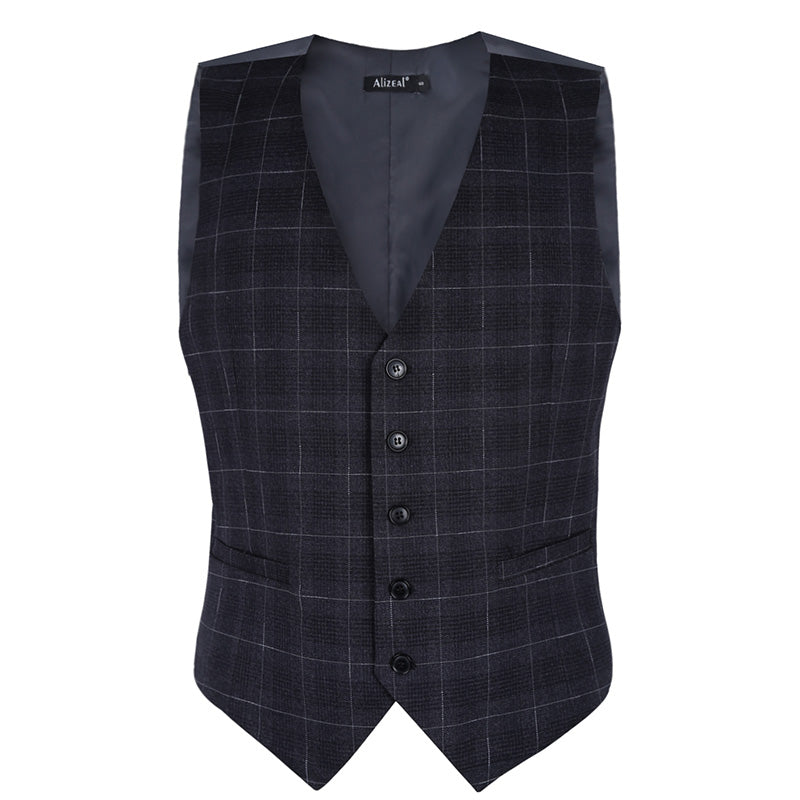 Men's Plaid Business Suit Vest V-Neck Regular Fit Checked Tuxedo Waistcoat, 190-Dark Gray