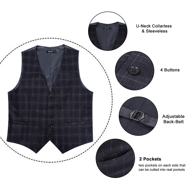 Men's Plaid Business Suit Vest V-Neck Regular Fit Checked Tuxedo Waistcoat, 190-Dark Gray