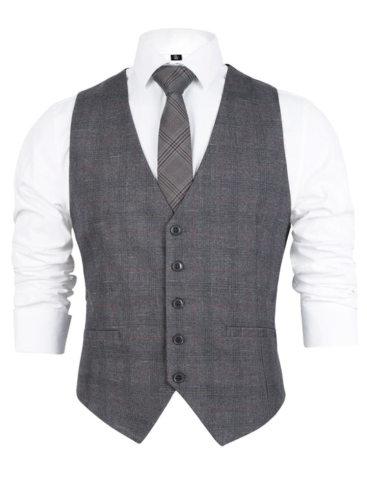 Men's Plaid Business Suit Vest V-Neck Regular Fit Checked Tuxedo Waistcoat, 190-Gray