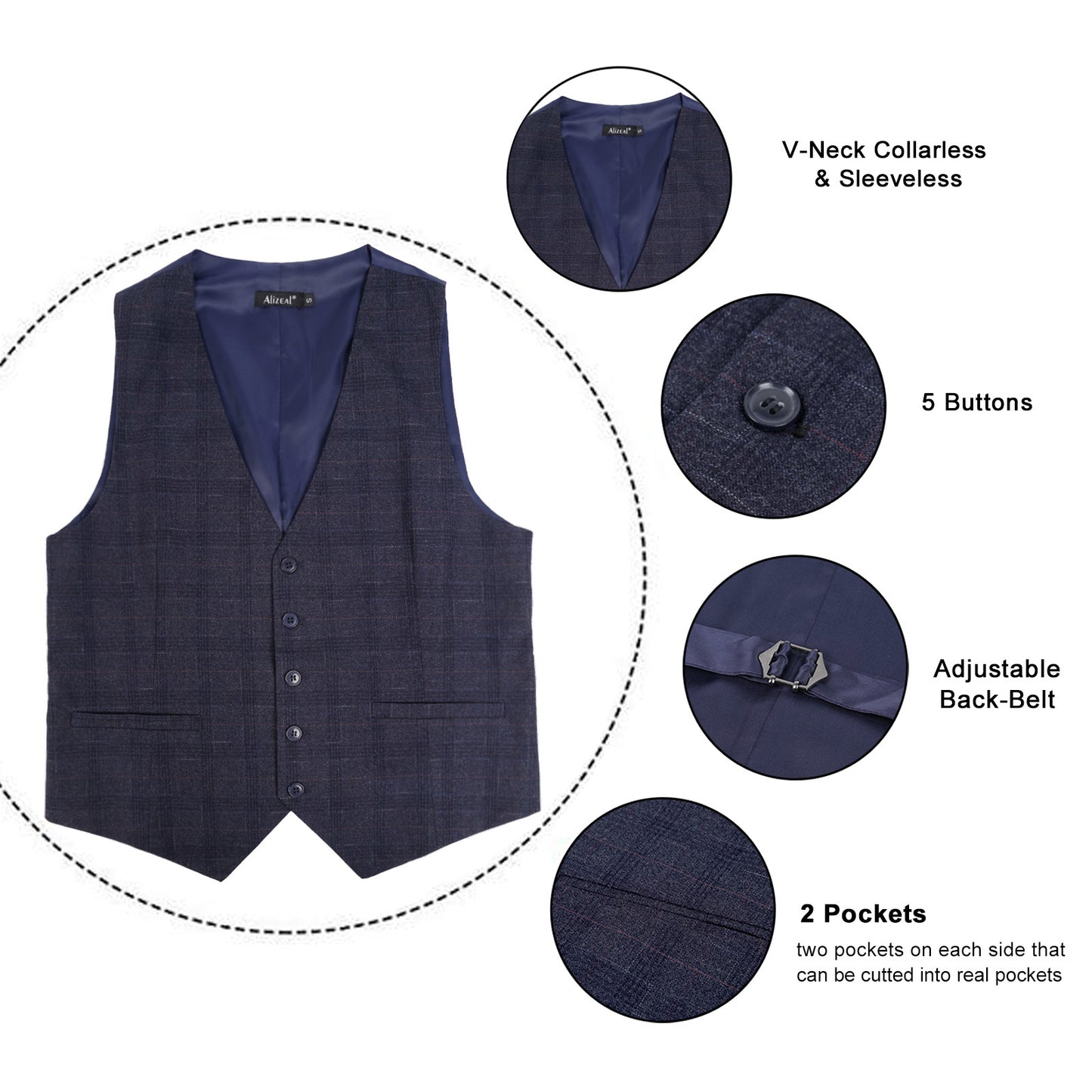 Men's Plaid Business Suit Vest V-Neck Regular Fit Checked Tuxedo Waistcoat, 190-Hale Navy
