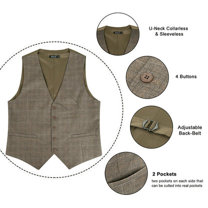 Men's Plaid Business Suit Vest V-Neck Regular Fit Checked Tuxedo Waistcoat, 190-Light Brown
