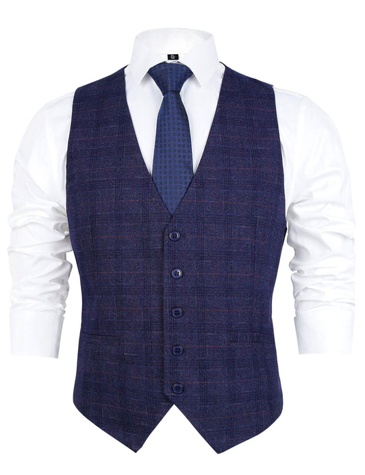 Men's Plaid Business Suit Vest V-Neck Regular Fit Checked Tuxedo Waistcoat, 190-Midnight Blue