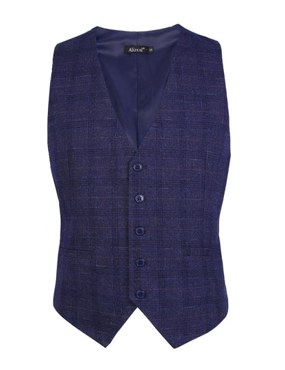 Men's Plaid Business Suit Vest V-Neck Regular Fit Checked Tuxedo Waistcoat, 190-Midnight Blue