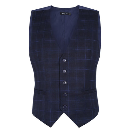 Men's Plaid Business Suit Vest V-Neck Regular Fit Checked Tuxedo Waistcoat, 190-Navy
