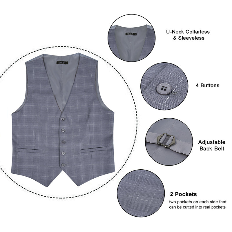 Men's Plaid Business Suit Vest V-Neck Regular Fit Checked Tuxedo Waistcoat, 190-Pewter