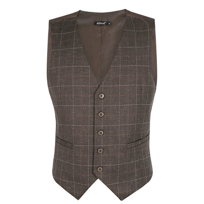 Men's Plaid Business Suit Vest V-Neck Regular Fit Checked Tuxedo Waistcoat, 190-Walnut Brown