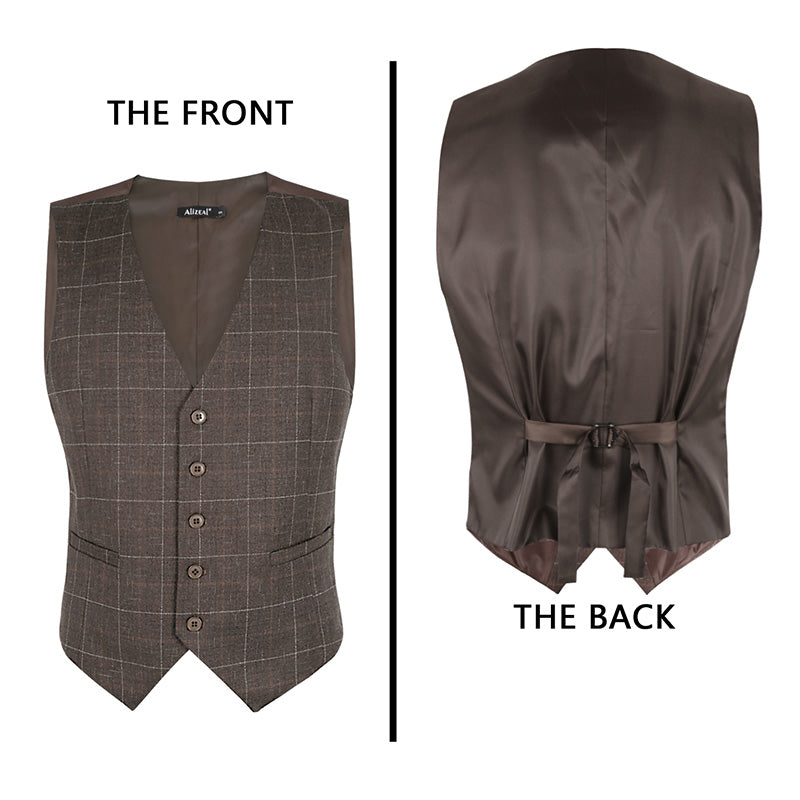 Men's Plaid Business Suit Vest V-Neck Regular Fit Checked Tuxedo Waistcoat, 190-Walnut Brown