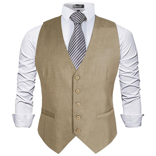 Men's Classic Solid Color Business Suit Vest Regular Fit Tuxedo Waistcoat, 191-Light Coffee