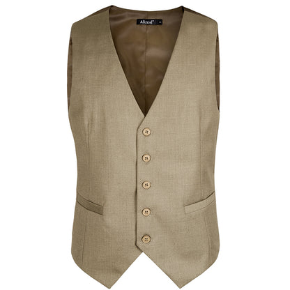 Men's Classic Solid Color Business Suit Vest Regular Fit Tuxedo Waistcoat, 191-Light Coffee