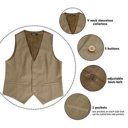 Men's Classic Solid Color Business Suit Vest Regular Fit Tuxedo Waistcoat, 191-Light Coffee