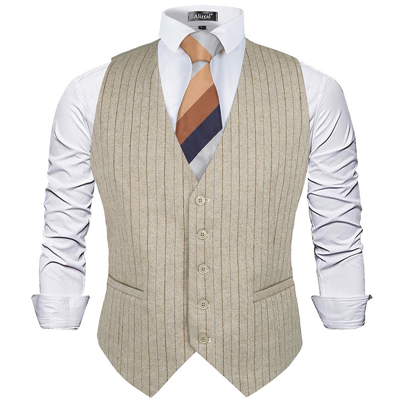 Mens Plaid Tweed Business Suit Vest Regular Fit Tuxedo Waistcoat, 193-Beige