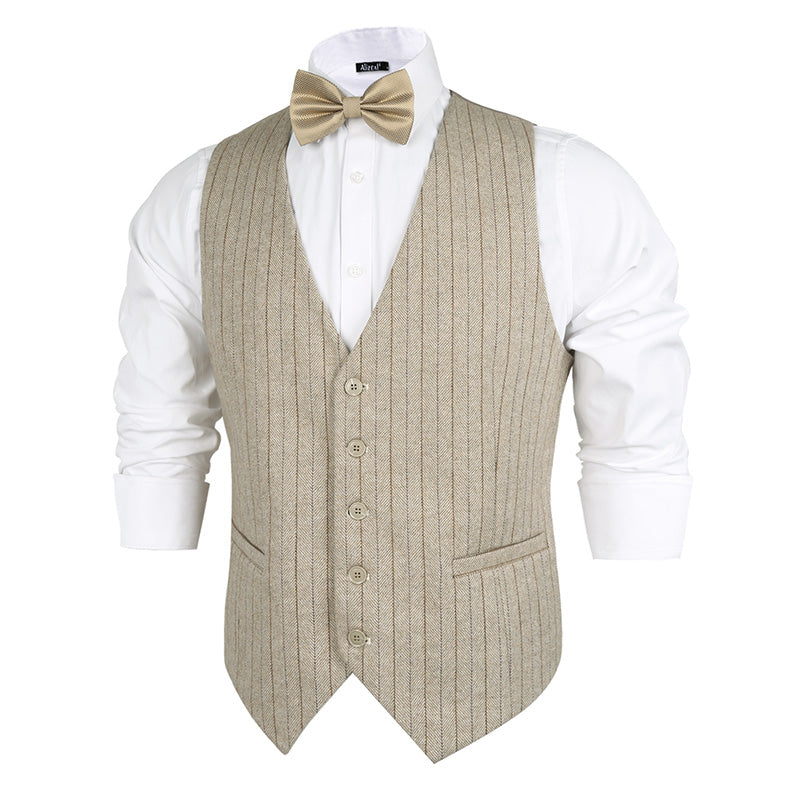 Mens Plaid Tweed Business Suit Vest Regular Fit Tuxedo Waistcoat, 193-Beige