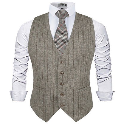 Mens Plaid Tweed Business Suit Vest Regular Fit Tuxedo Waistcoat, 193-Brown Stripe