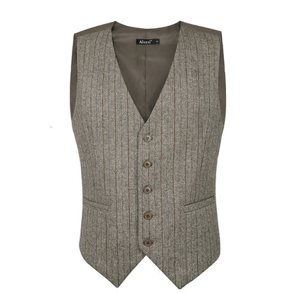 Mens Plaid Tweed Business Suit Vest Regular Fit Tuxedo Waistcoat, 193-Brown Stripe