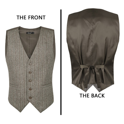 Mens Plaid Tweed Business Suit Vest Regular Fit Tuxedo Waistcoat, 193-Brown Stripe