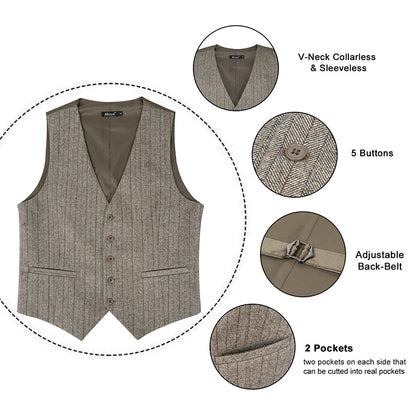 Mens Plaid Tweed Business Suit Vest Regular Fit Tuxedo Waistcoat, 193-Brown Stripe
