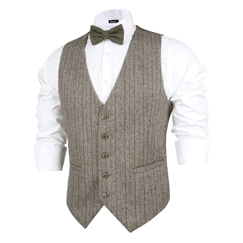 Mens Plaid Tweed Business Suit Vest Regular Fit Tuxedo Waistcoat, 193-Brown Stripe
