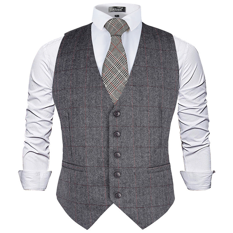 Mens Plaid Tweed Business Suit Vest Regular Fit Tuxedo Waistcoat, 193-Dark Gray
