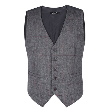 Mens Plaid Tweed Business Suit Vest Regular Fit Tuxedo Waistcoat, 193-Dark Gray