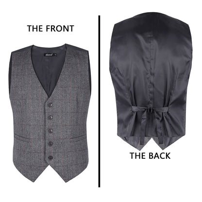 Mens Plaid Tweed Business Suit Vest Regular Fit Tuxedo Waistcoat, 193-Dark Gray