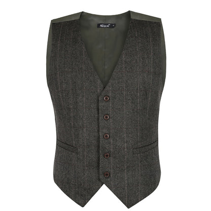 Mens Plaid Tweed Business Suit Vest Regular Fit Tuxedo Waistcoat, 193-Dark Olive