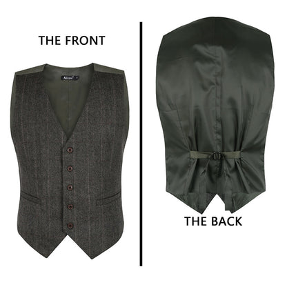 Mens Plaid Tweed Business Suit Vest Regular Fit Tuxedo Waistcoat, 193-Dark Olive