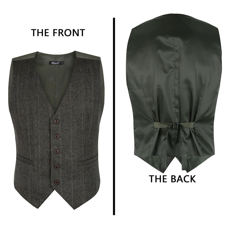 Mens Plaid Tweed Business Suit Vest Regular Fit Tuxedo Waistcoat, 193-Dark Olive
