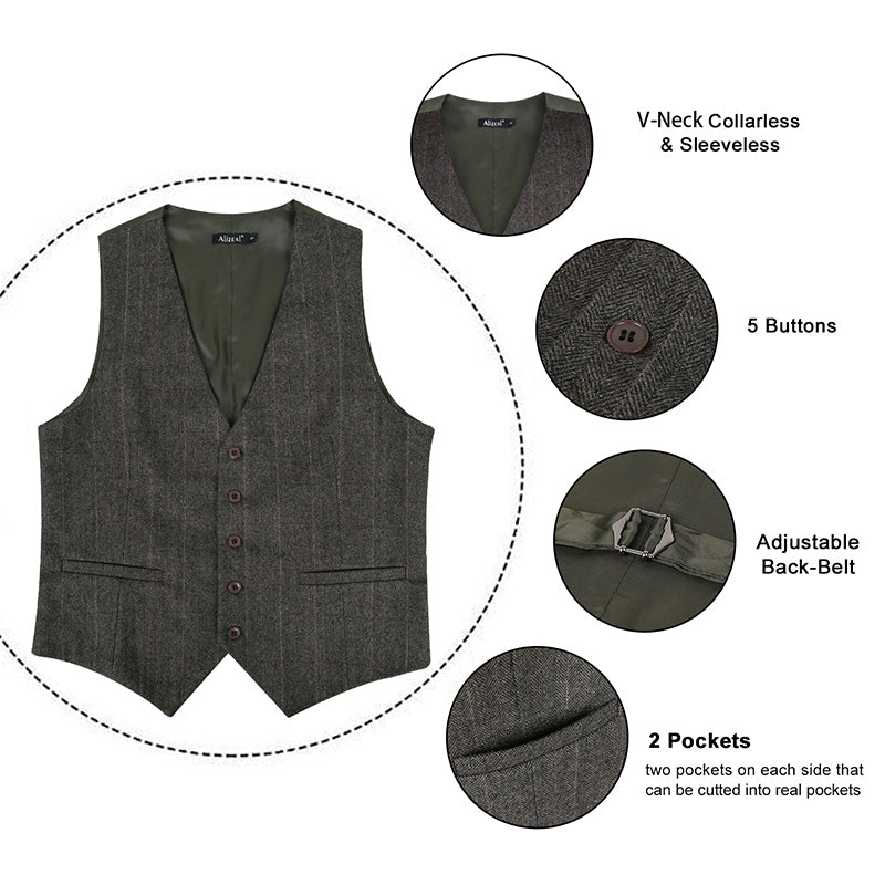 Mens Plaid Tweed Business Suit Vest Regular Fit Tuxedo Waistcoat, 193-Dark Olive