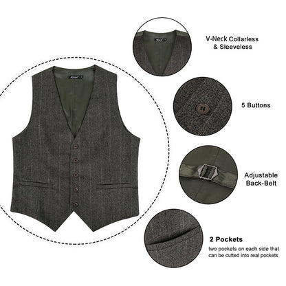 Mens Plaid Tweed Business Suit Vest Regular Fit Tuxedo Waistcoat, 193-Dark Olive