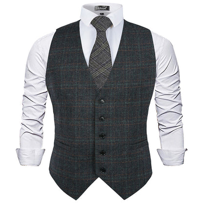 Mens Plaid Tweed Business Suit Vest Regular Fit Tuxedo Waistcoat, 193-Dark Teal