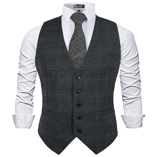 Mens Plaid Tweed Business Suit Vest Regular Fit Tuxedo Waistcoat, 193-Dark Teal