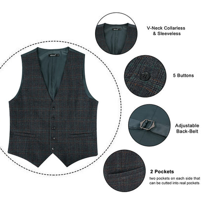 Mens Plaid Tweed Business Suit Vest Regular Fit Tuxedo Waistcoat, 193-Dark Teal