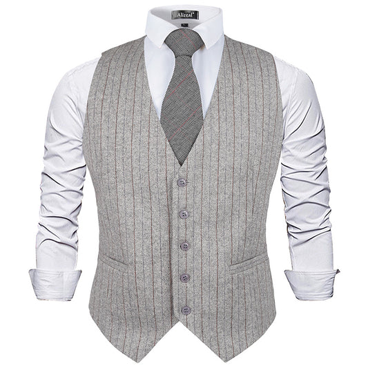 Mens Plaid Tweed Business Suit Vest Regular Fit Tuxedo Waistcoat, 193-Light Gray