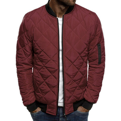 Men's Wine Red Diamond Quilted Stand-up Collar Bomber Jacket 230