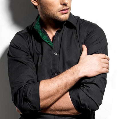 Men's Business Slim Fit Dress Shirt Long Sleeve Patchwork Button-Down Shirt, 004-Black+Dark Green