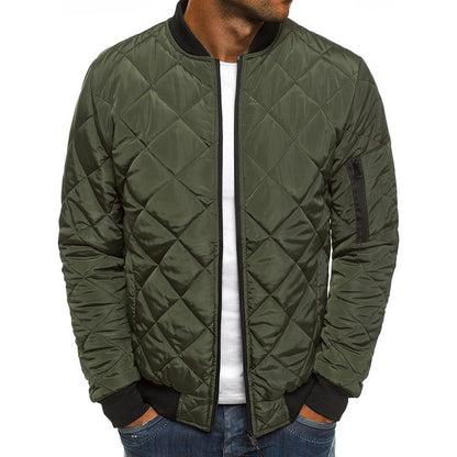 Men's Olive Green Diamond Quilted Cotton-padded Bomber Jacket 230
