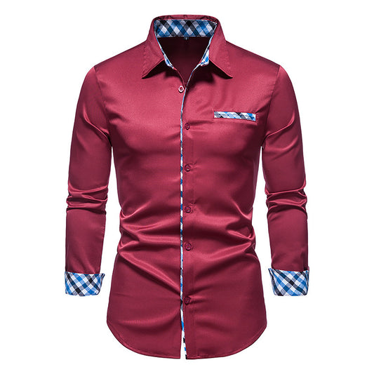 Men's Wine Red Long Sleeve Plaid Collar Shirt 2123401