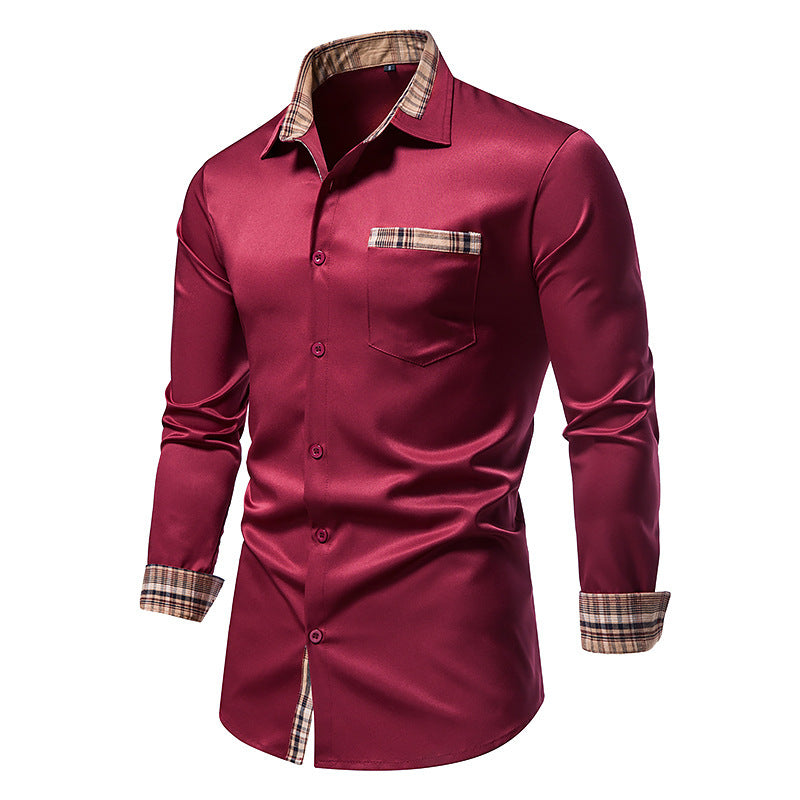 Men's Wine Red Plaid Collar Long Sleeve Button Down Shirt 2123601