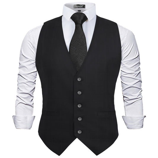 Men's Plaid Business Suit Vest Formal Dress Slim Fit Waistcoat, 194-Black