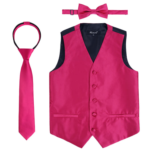 Boy's Classic Solid Bow Tie, Necktie and Suit Vest Set, 078-Rose Red