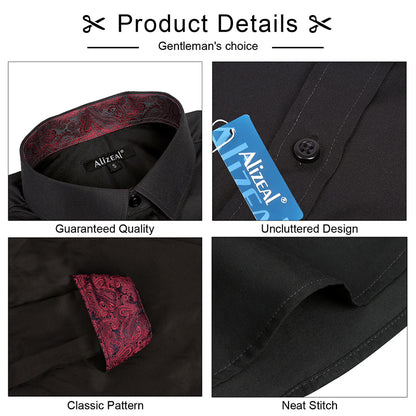 Men's Business Slim Fit Dress Shirt Long Sleeve Patchwork Button-Down Shirt, 004-Black+Maroon