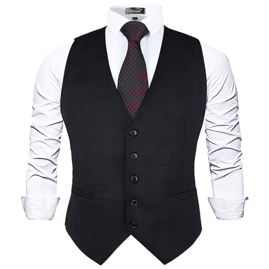 Men's Plaid Business Suit Vest V-Neck Regular Fit Checked Tuxedo Waistcoat, 190-Warm Black