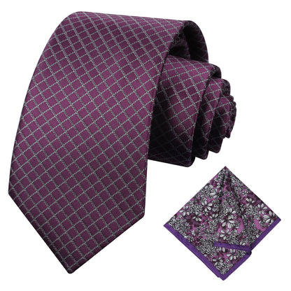 Men's Checkered Tie 3.15inch Necktie and Printed Floral Handkerchief Set, 122