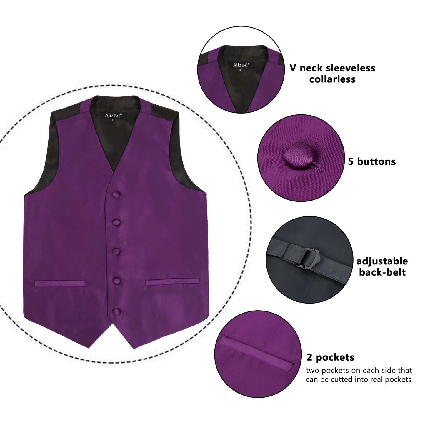 Boy's Classic Solid Bow Tie, Necktie and Suit Vest Set, 078-Dark Purple